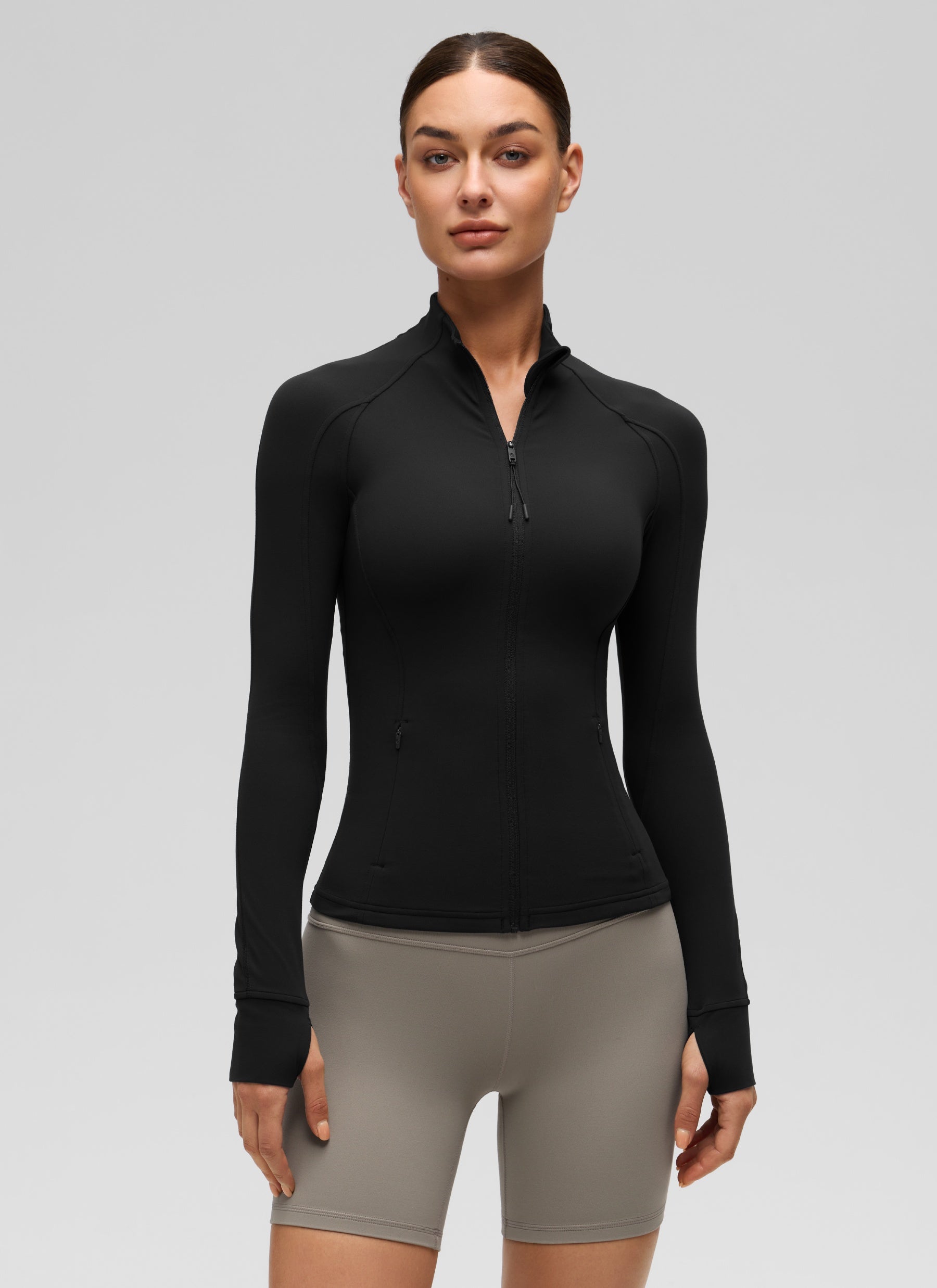 CRZ YOGA Women's Yoga Slim Fit Tops Butterluxe Full Zip Long Sleeves Black @model_info:Katya