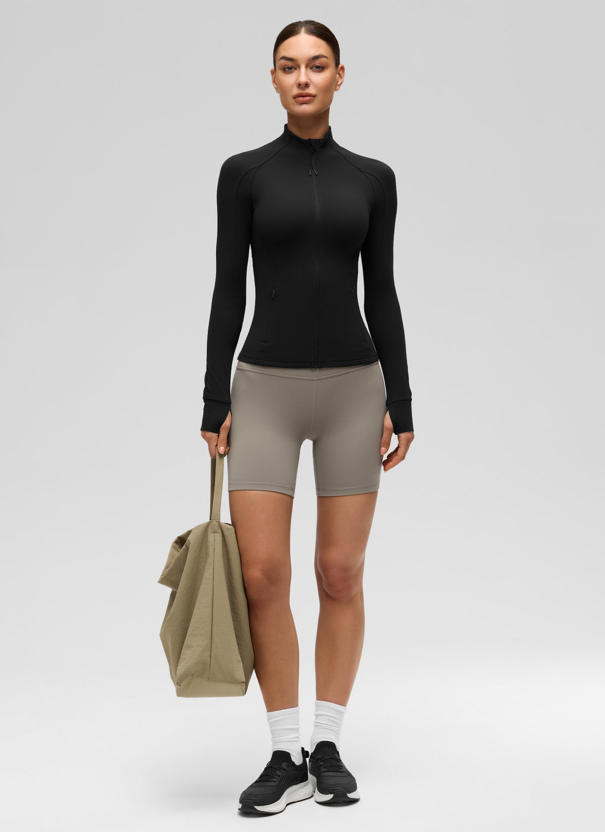 CRZ YOGA Women's Yoga Slim Fit Tops Butterluxe Full Zip Long Sleeves Black @model_info:Katya