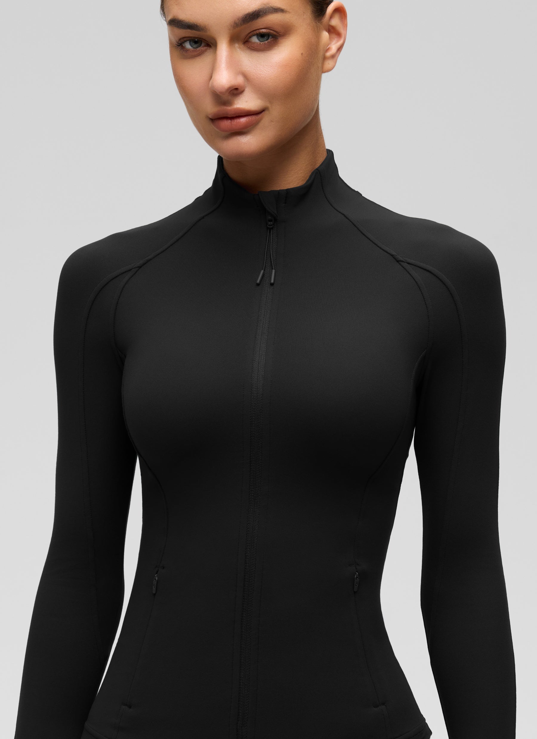 CRZ YOGA Women's Yoga Slim Fit Tops Butterluxe Full Zip Long Sleeves Black @model_info:Katya