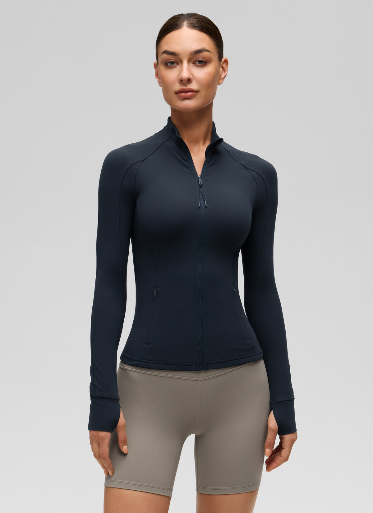 CRZ YOGA Women's Yoga Slim Fit Tops Butterluxe Full Zip Long Sleeves True Navy @model_info:Katya