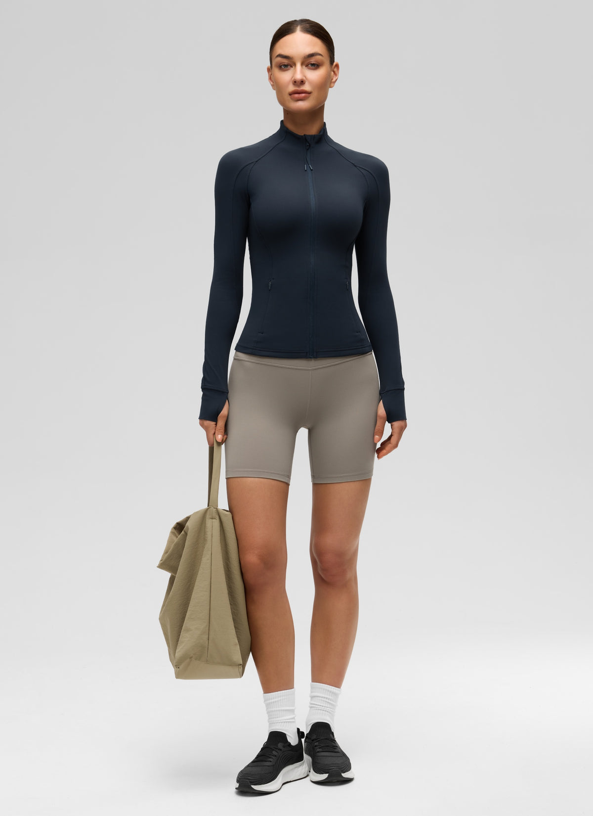 CRZ YOGA Women's Yoga Slim Fit Tops Butterluxe Full Zip Long Sleeves True Navy @model_info:Katya