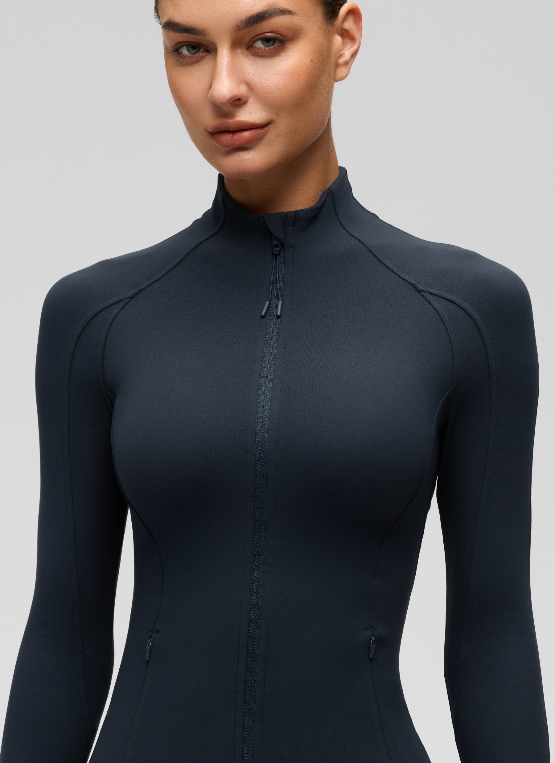 CRZ YOGA Women's Yoga Slim Fit Tops Butterluxe Full Zip Long Sleeves True Navy @model_info:Katya