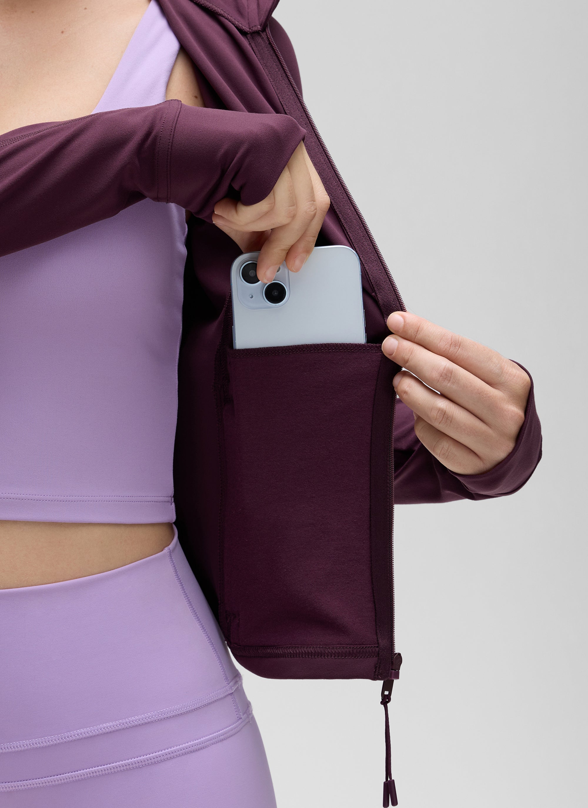 CRZ YOGA Women's Butterluxe Cropped Pocket Outerwear Full Zip Jackets Deep Purple