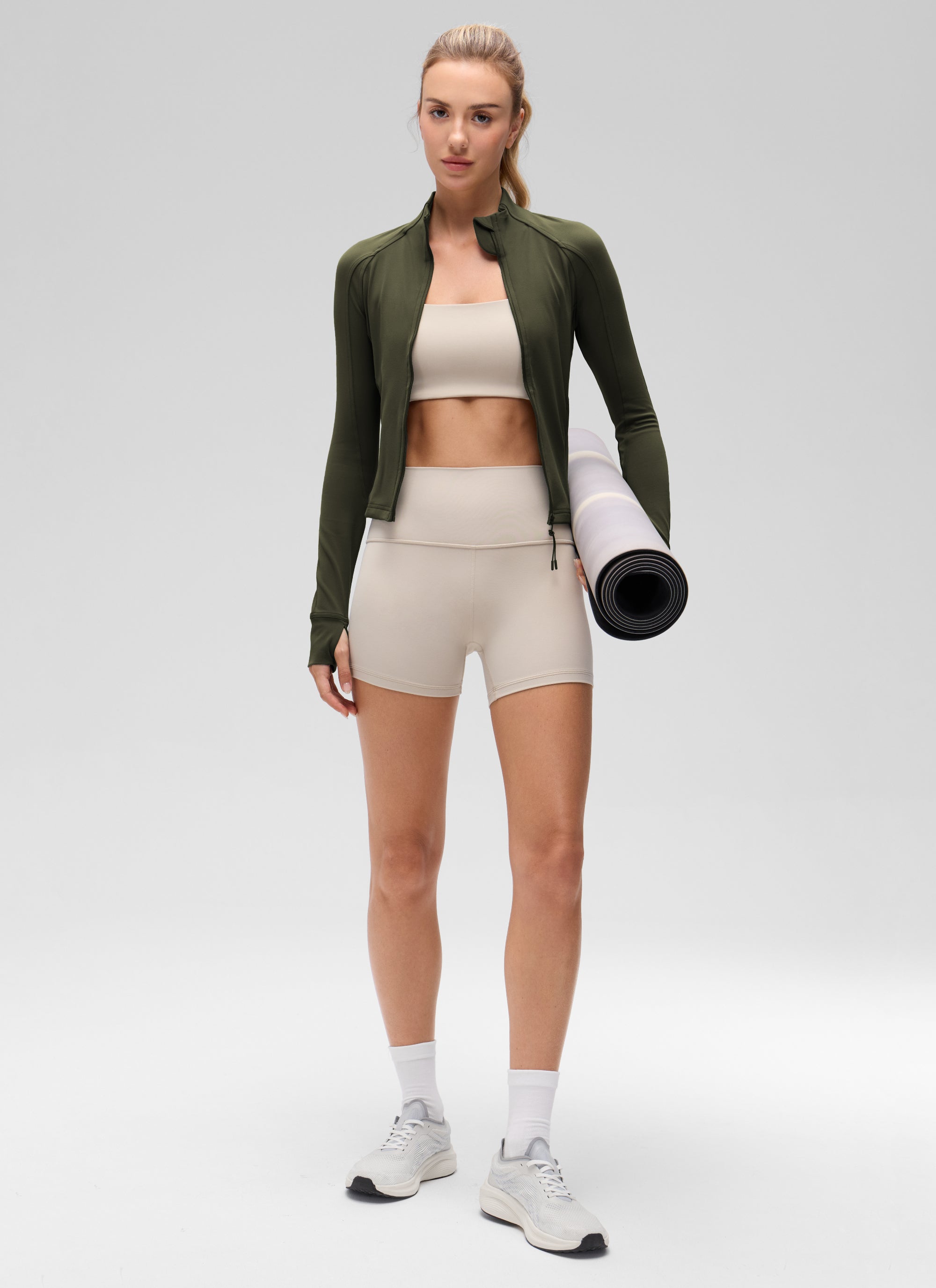 CRZ YOGA Women's Butterluxe Cropped Pocket Outerwear Full Zip Jackets Olive Green