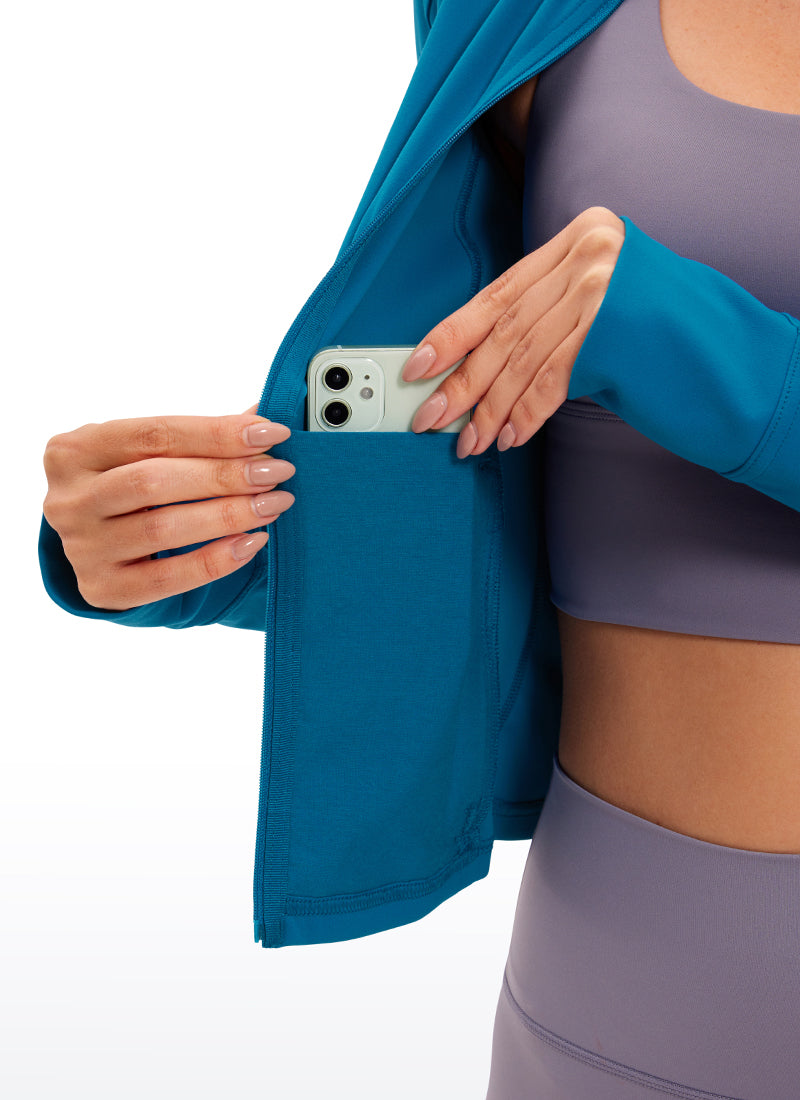CRZ YOGA Women's Butterluxe Cropped Pocket Outerwear Full Zip Jackets Super-sonic Blue