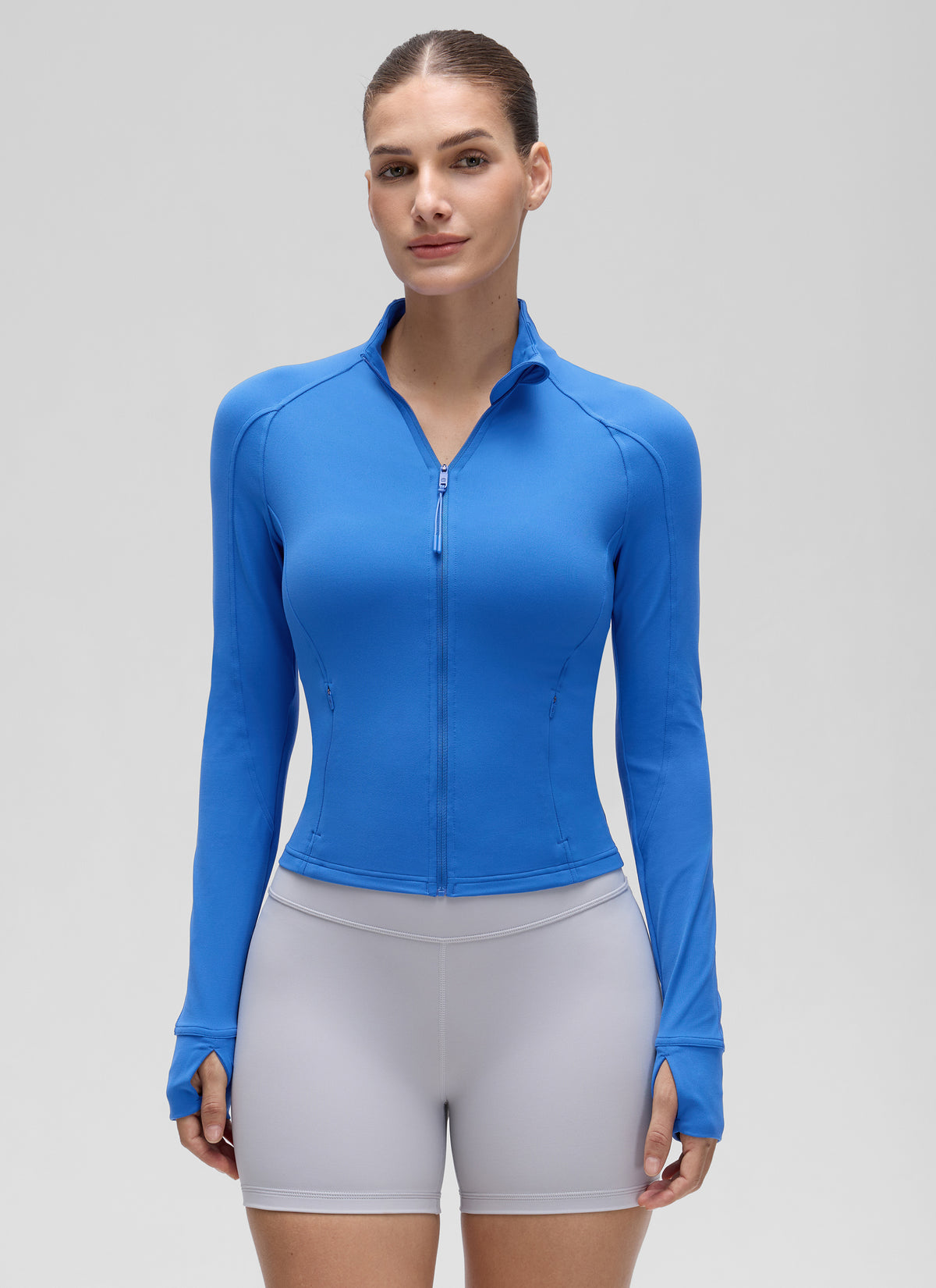 CRZ YOGA Women's Butterluxe Cropped Pocket Outerwear Full Zip Jackets Sparkle Blue @model_info:J