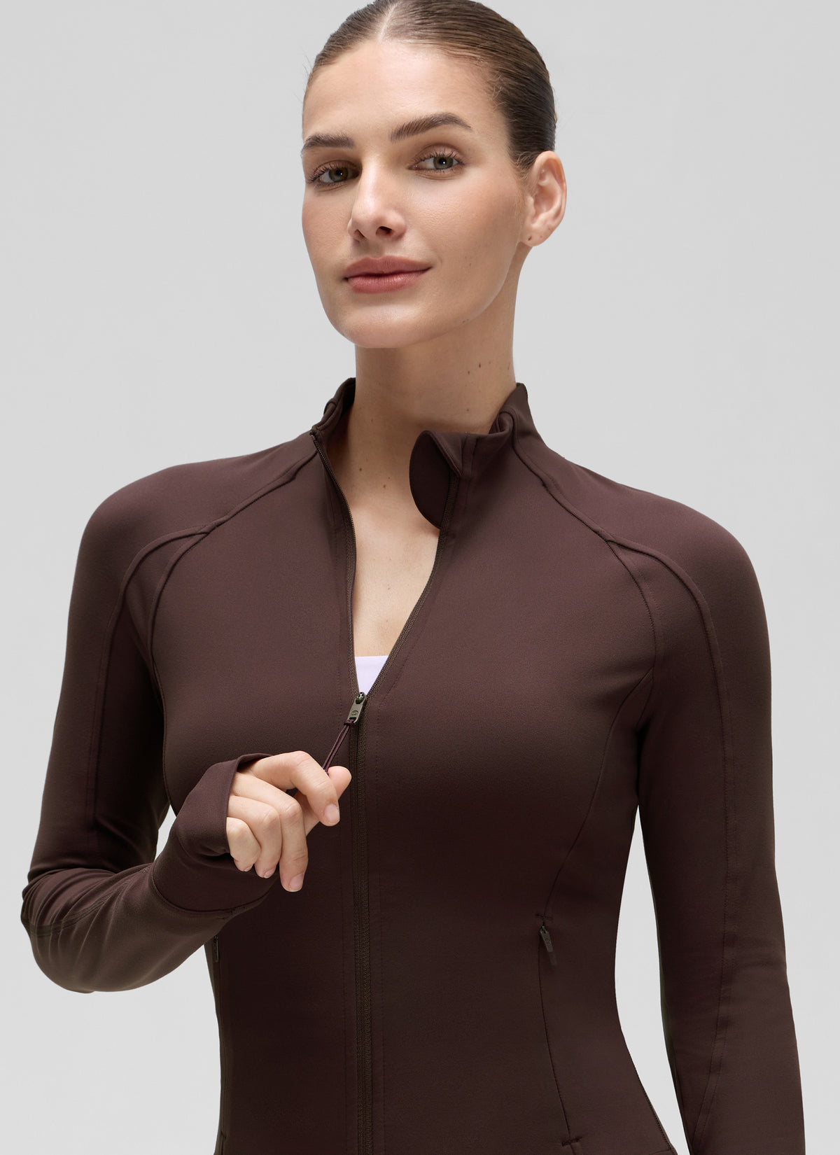 CRZ YOGA Women's Butterluxe Cropped Pocket Outerwear Full Zip Jackets Hot Fudge Brown @model_info:J