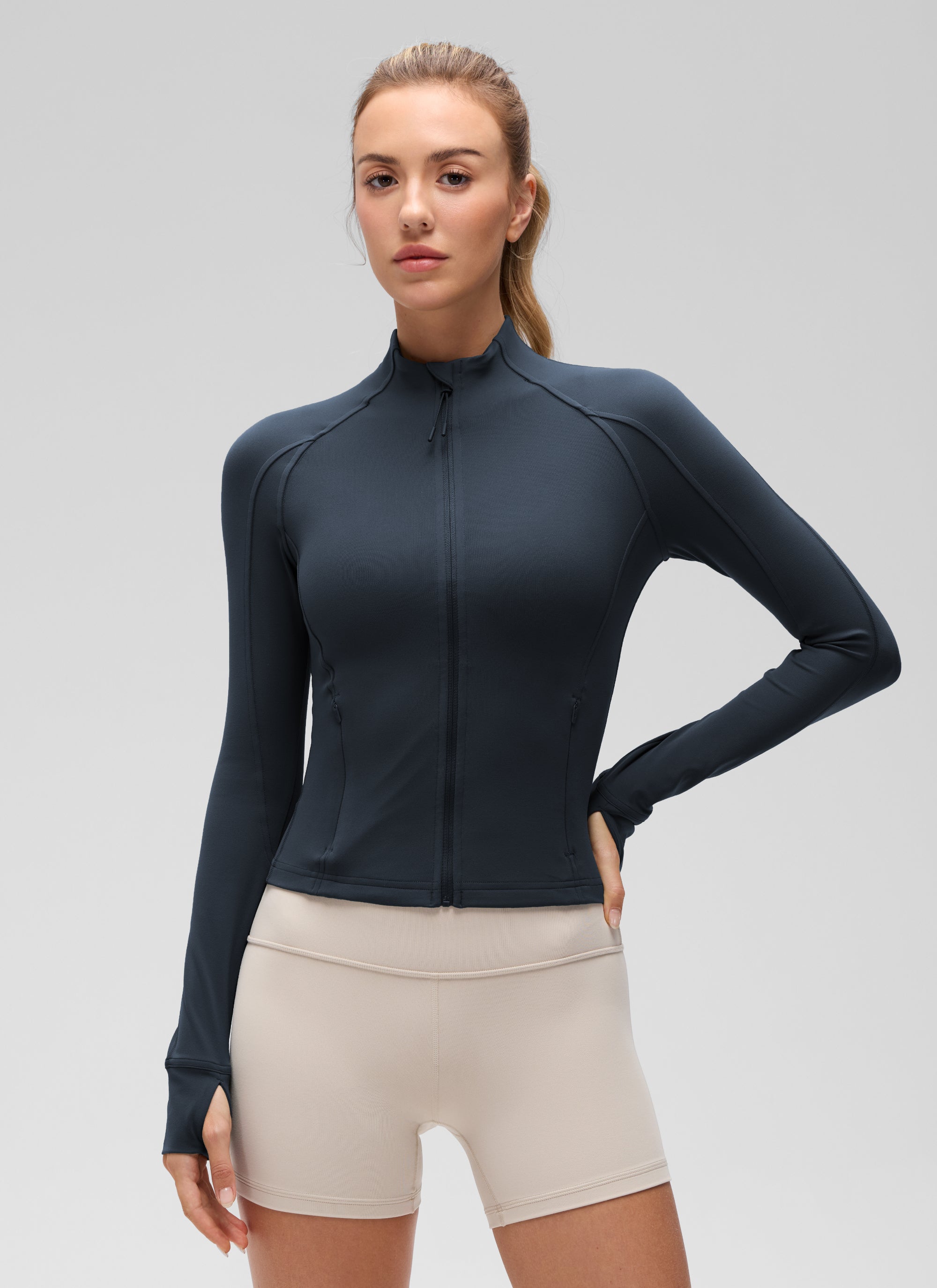 CRZ YOGA Women's Butterluxe Cropped Pocket Outerwear Full Zip Jackets True Navy