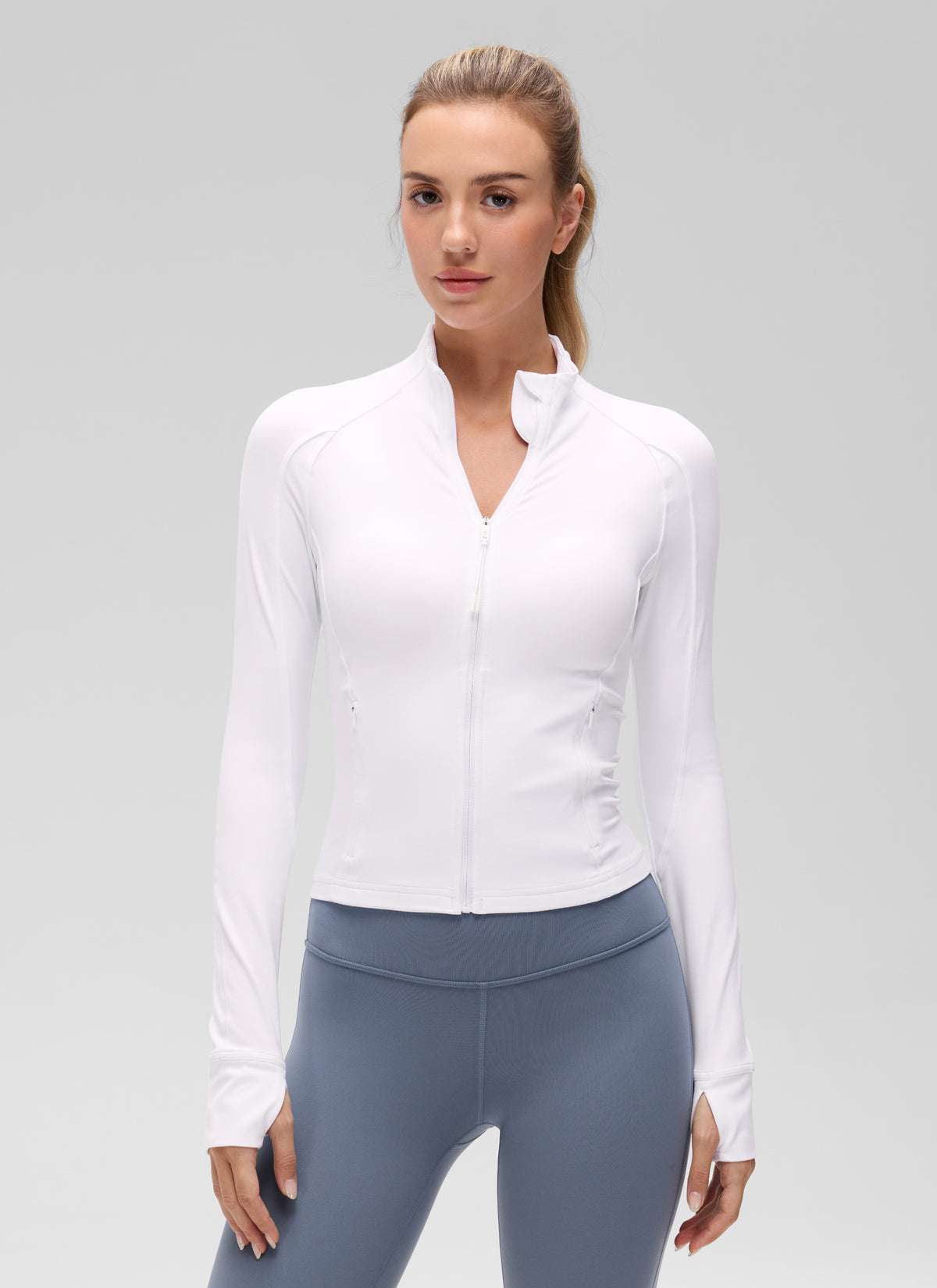 CRZ YOGA Women's Butterluxe Cropped Pocket Outerwear Full Zip Jackets White @model_info:Anna