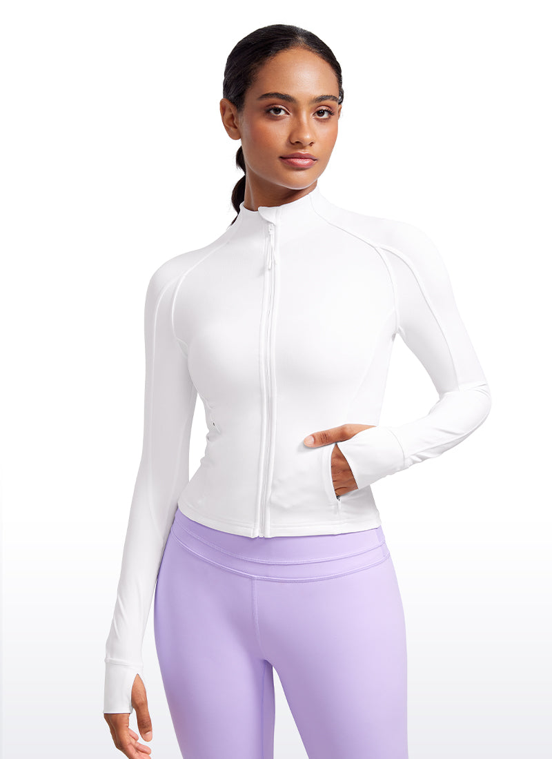 CRZ YOGA Women's Butterluxe Cropped Pocket Outerwear Full Zip Jackets White