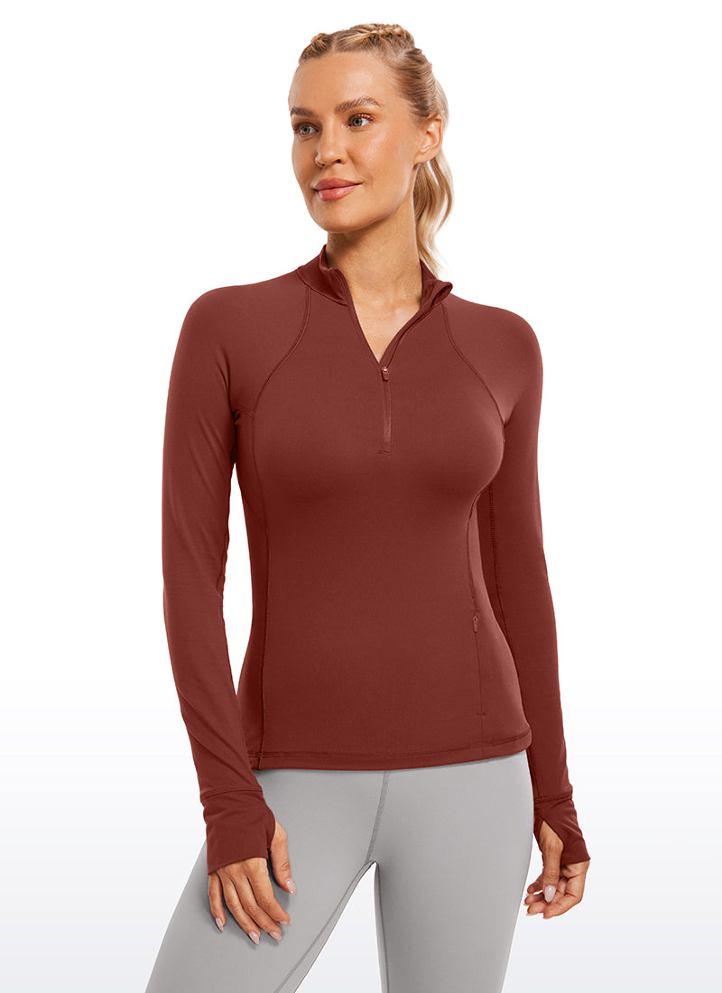 CRZ YOGA Women's Run Slim Fit Brushed Half-Zip Long Sleeve Hip Length Jujube Brown