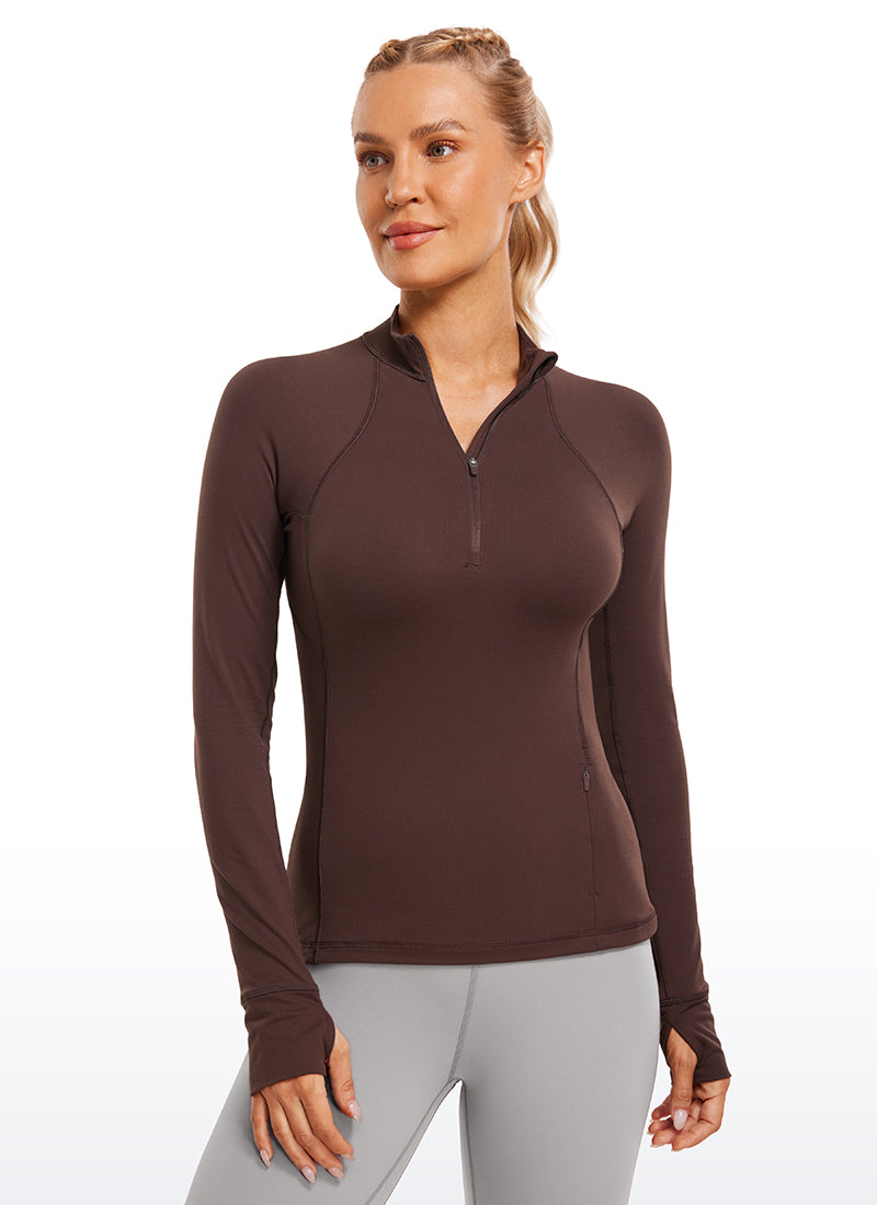 CRZ YOGA Women's Run Slim Fit Brushed Half-Zip Long Sleeve Hip Length Taupe