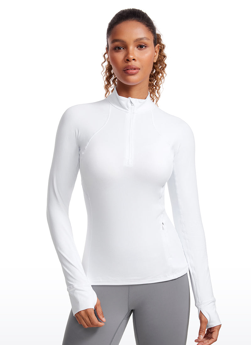CRZ YOGA Women's Run Slim Fit Brushed Half-Zip Long Sleeve Hip Length White