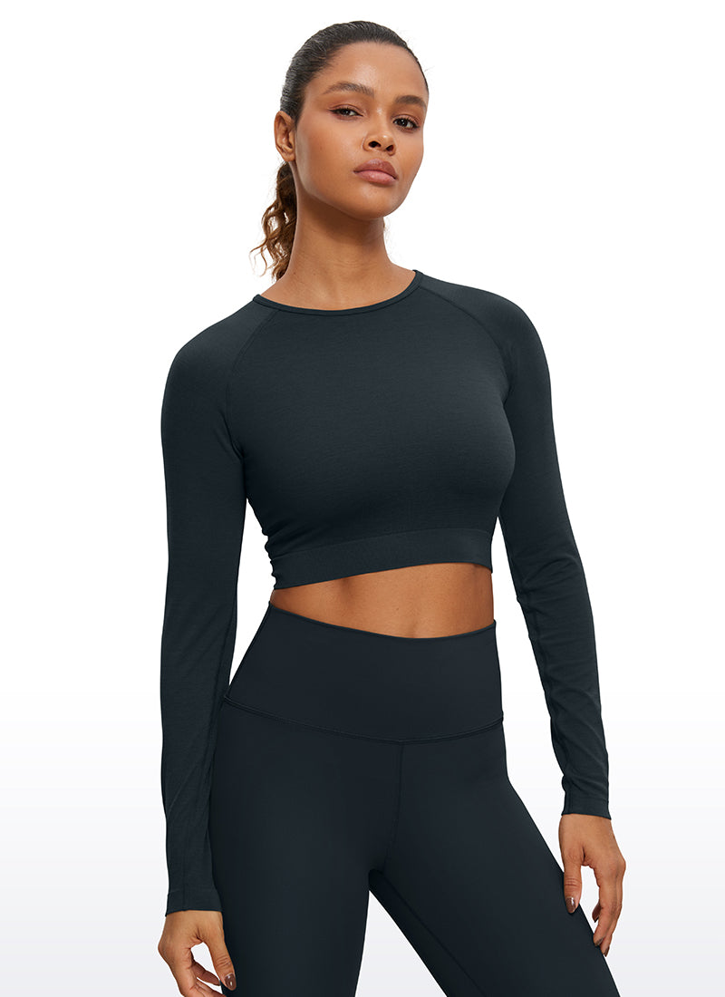 CRZ YOGA Women's Slim Fit Running Yoga Seamless Crop Long Sleeves True Navy
