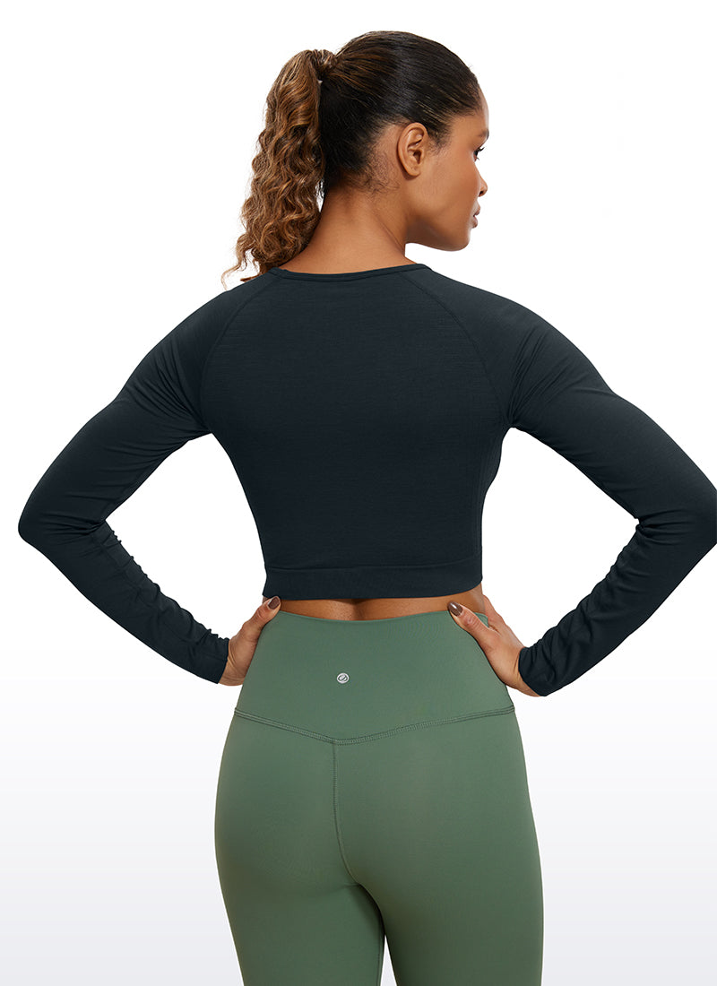 CRZ YOGA Women's Slim Fit Running Yoga Seamless Crop Long Sleeves True Navy