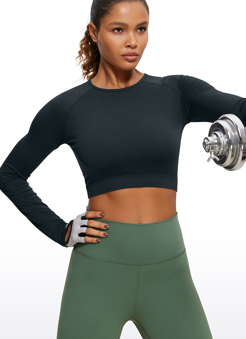 CRZ YOGA Women's Slim Fit Running Yoga Seamless Crop Long Sleeves True Navy
