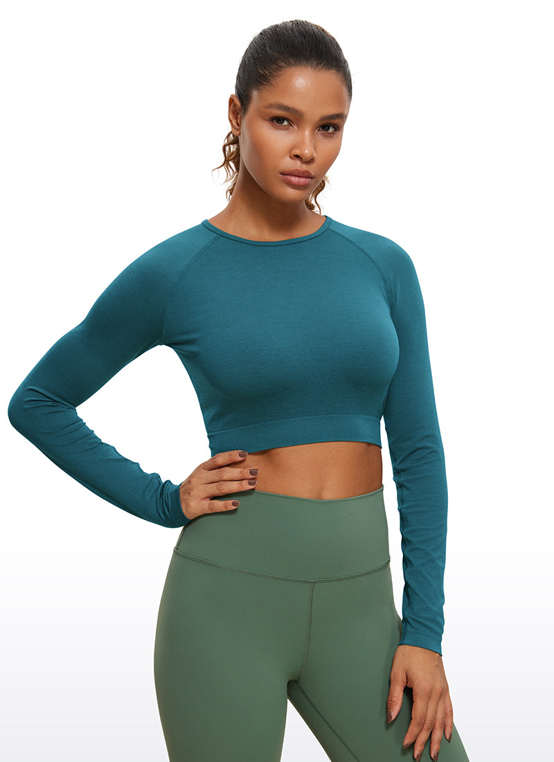 CRZ YOGA Women's Slim Fit Running Yoga Seamless Crop Long Sleeves Green Jade