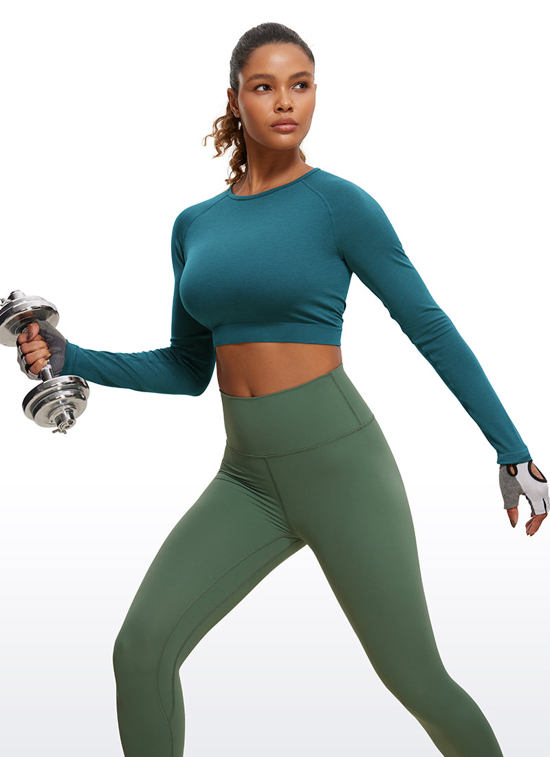 CRZ YOGA Women's Slim Fit Running Yoga Seamless Crop Long Sleeves Green Jade