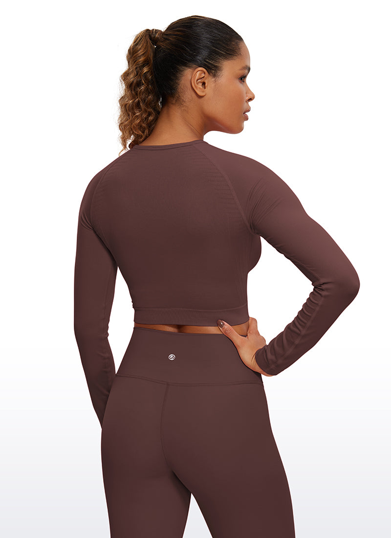CRZ YOGA Women's Slim Fit Running Yoga Seamless Crop Long Sleeves Taupe
