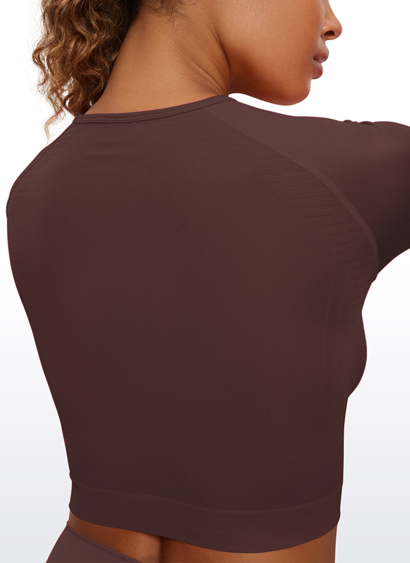 CRZ YOGA Women's Slim Fit Running Yoga Seamless Crop Long Sleeves Taupe
