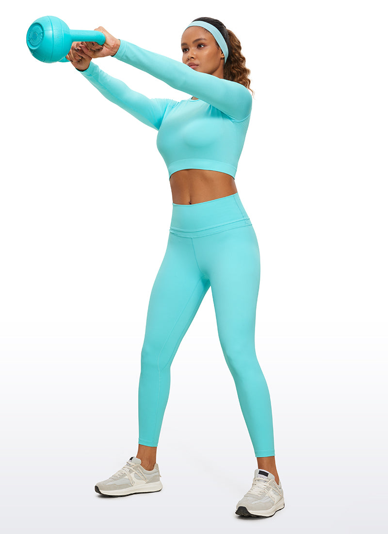CRZ YOGA Women's Slim Fit Running Yoga Seamless Crop Long Sleeves Turquoise2