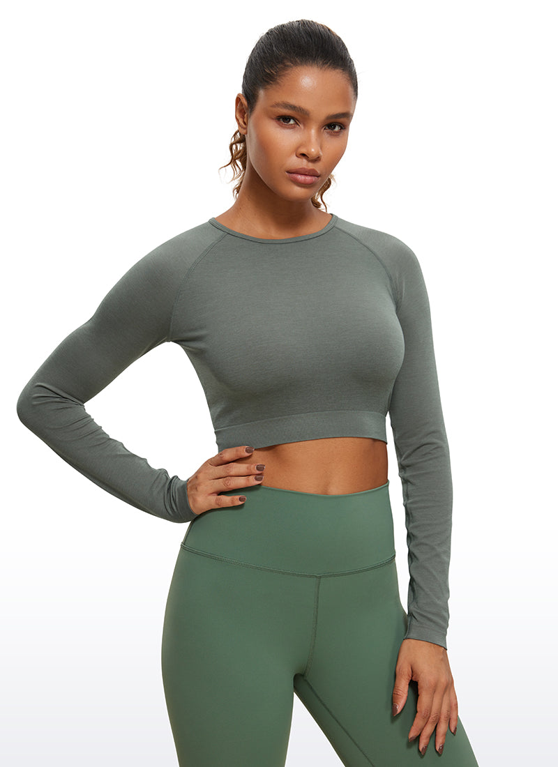 CRZ YOGA Women's Slim Fit Running Yoga Seamless Crop Long Sleeves Grey Sage