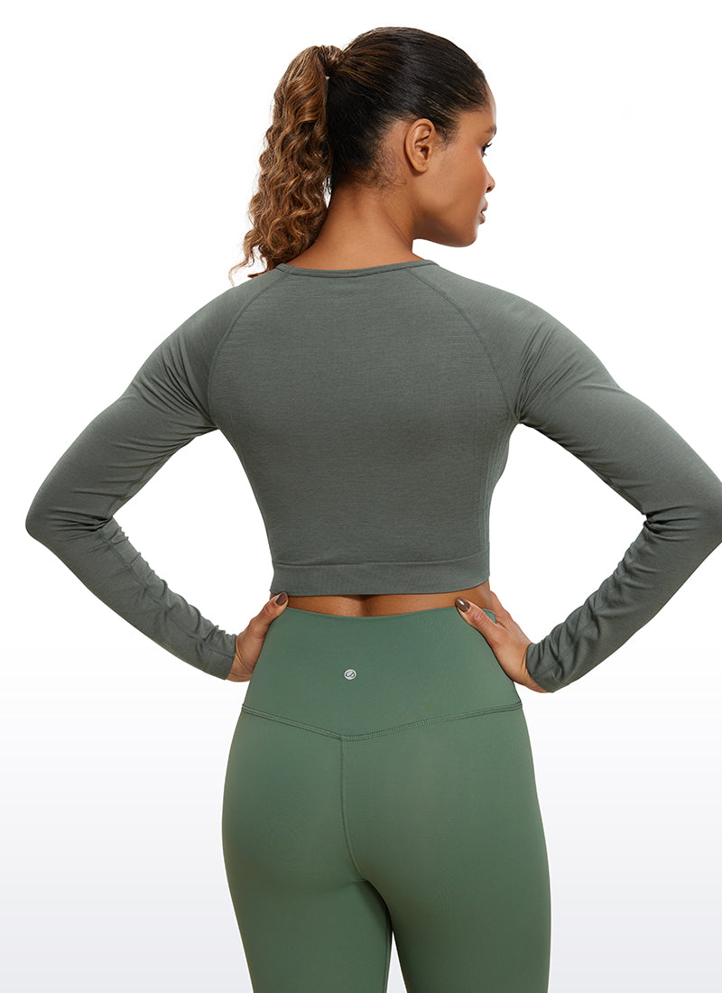 CRZ YOGA Women's Slim Fit Running Yoga Seamless Crop Long Sleeves Grey Sage