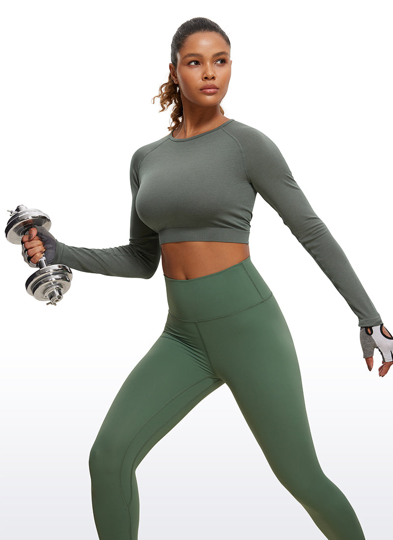 CRZ YOGA Women's Slim Fit Running Yoga Seamless Crop Long Sleeves Grey Sage