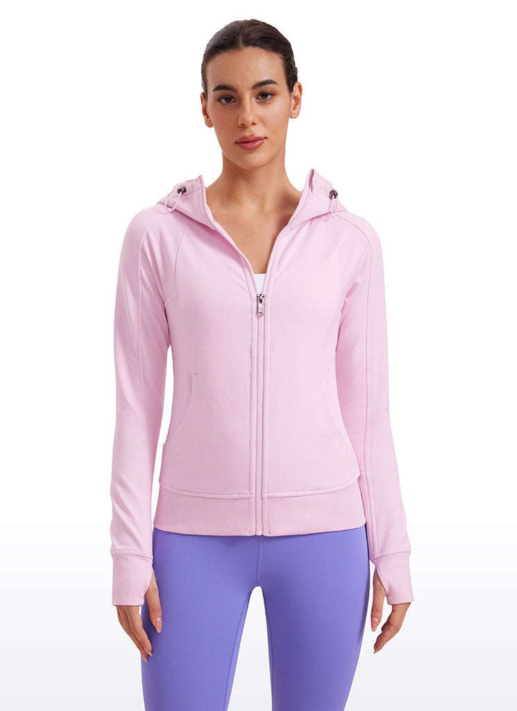 CRZ YOGA Women's Slim Fit Outerwear Amenity Full Zip Hoodies Thumb Holes Milky White