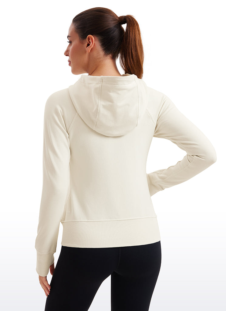 CRZ YOGA Women's Slim Fit Outerwear Amenity Full Zip Hoodies Thumb Holes White Apricot