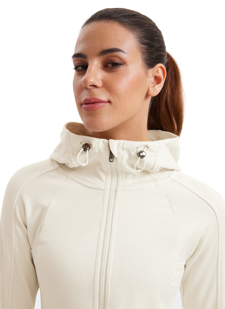 CRZ YOGA Women's Slim Fit Outerwear Amenity Full Zip Hoodies Thumb Holes White Apricot