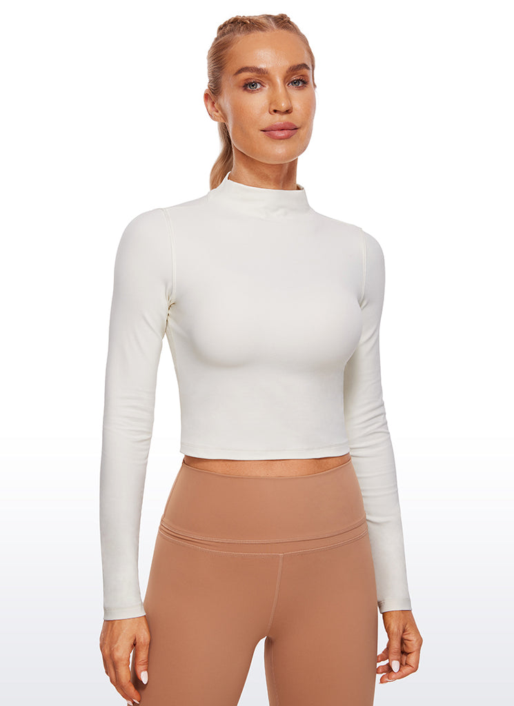 CRZ YOGA Women's Slim Fit Butterluxe Yoga Crop Long Sleeves Mock Turtleneck White Apricot