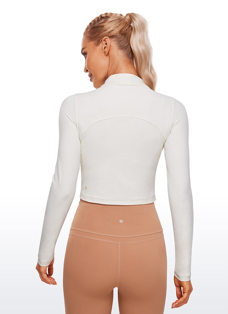 CRZ YOGA Women's Slim Fit Butterluxe Yoga Crop Long Sleeves Mock Turtleneck White Apricot