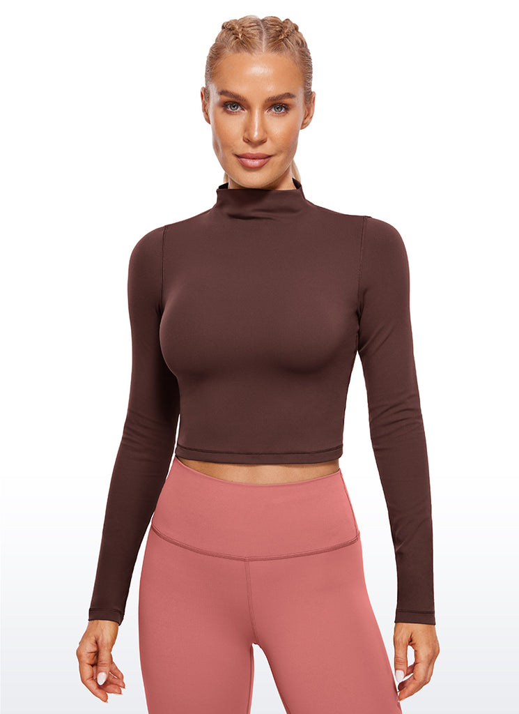 CRZ YOGA Women's Slim Fit Butterluxe Yoga Crop Long Sleeves Mock Turtleneck Black