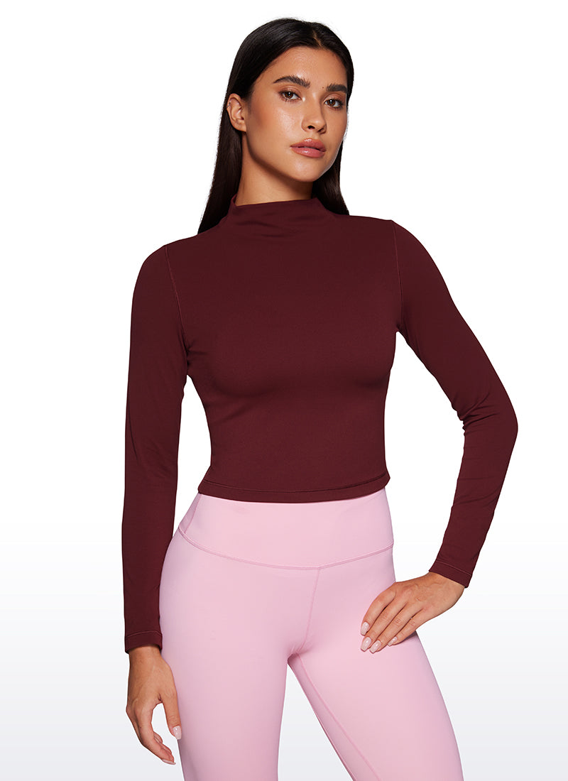 CRZ YOGA Women's Slim Fit Butterluxe Yoga Crop Long Sleeves Mock Turtleneck Red Merlot @model_info:Gabri