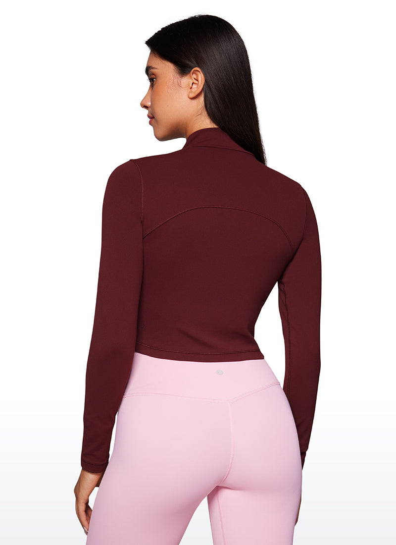 CRZ YOGA Women's Slim Fit Butterluxe Yoga Crop Long Sleeves Mock Turtleneck Red Merlot @model_info:Gabri
