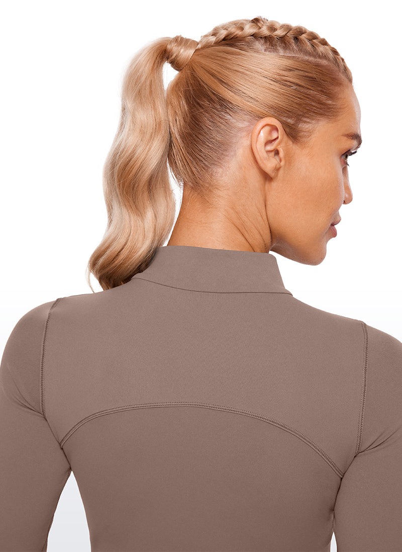 CRZ YOGA Women's Slim Fit Butterluxe Yoga Crop Long Sleeves Mock Turtleneck Brown Purple @model_info:NAT