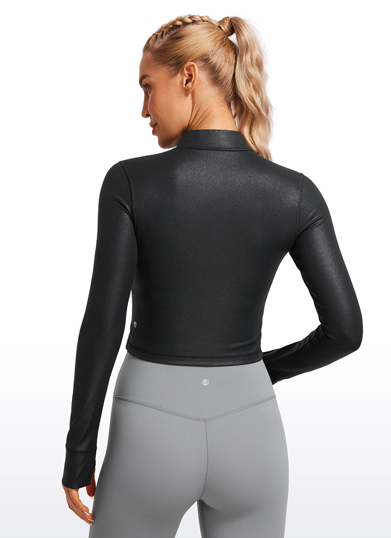 CRZ YOGA Women's Butterluxe Cropped Outerwear Full Zip Jackets Black Classic Leather @model_info:Natali