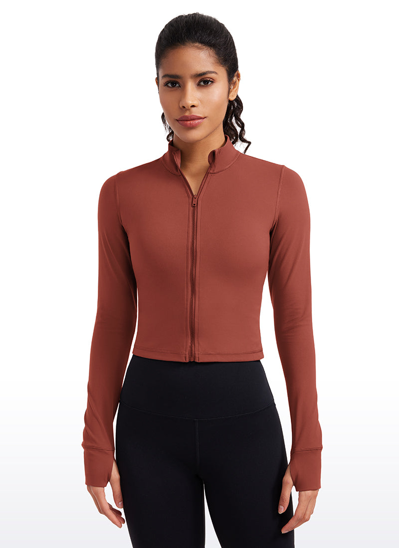 CRZ YOGA Women's Butterluxe Cropped Outerwear Full Zip Jackets Jujube Brown @model_info:Cynthia