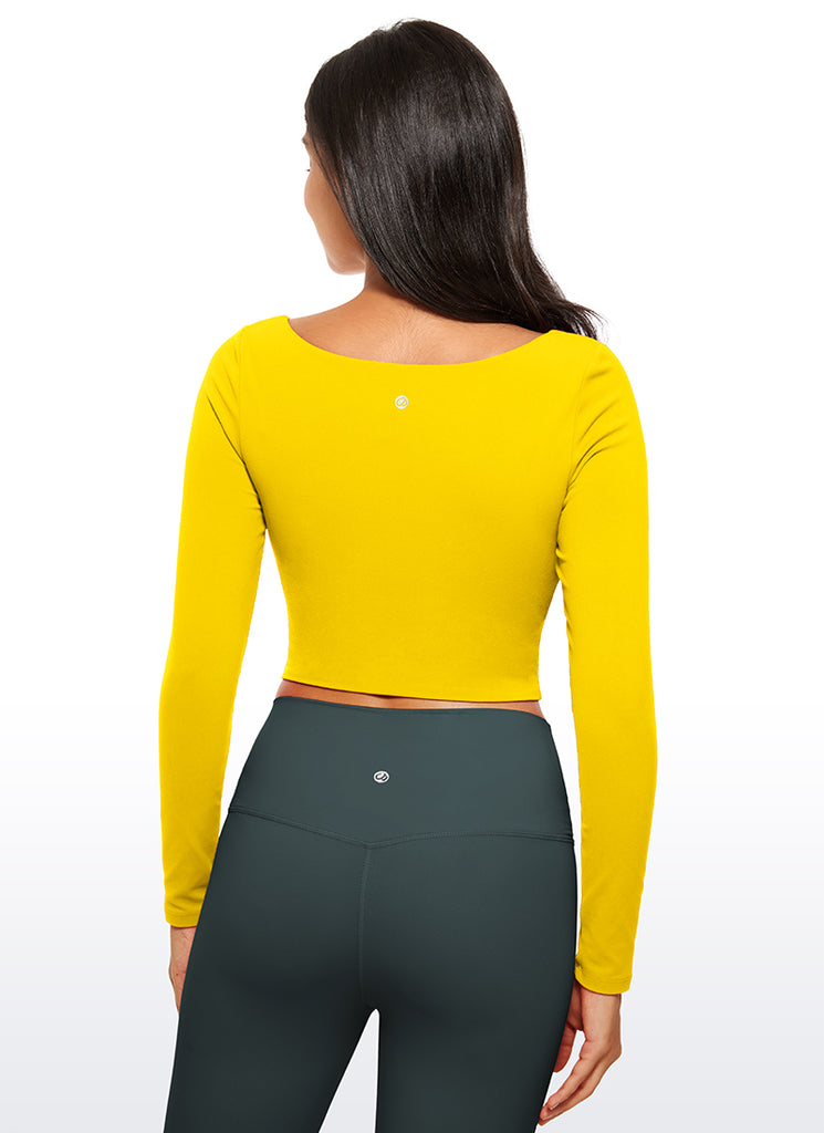 CRZ YOGA Women's Tight Fit Butterluxe Yoga Crop Long Sleeves Square Neck Light Army Green