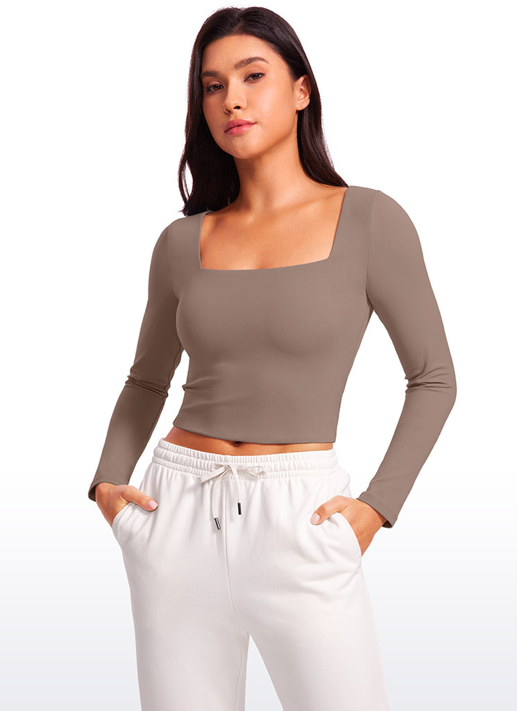 CRZ YOGA Women's Tight Fit Butterluxe Yoga Crop Long Sleeves Square Neck Deep Purple