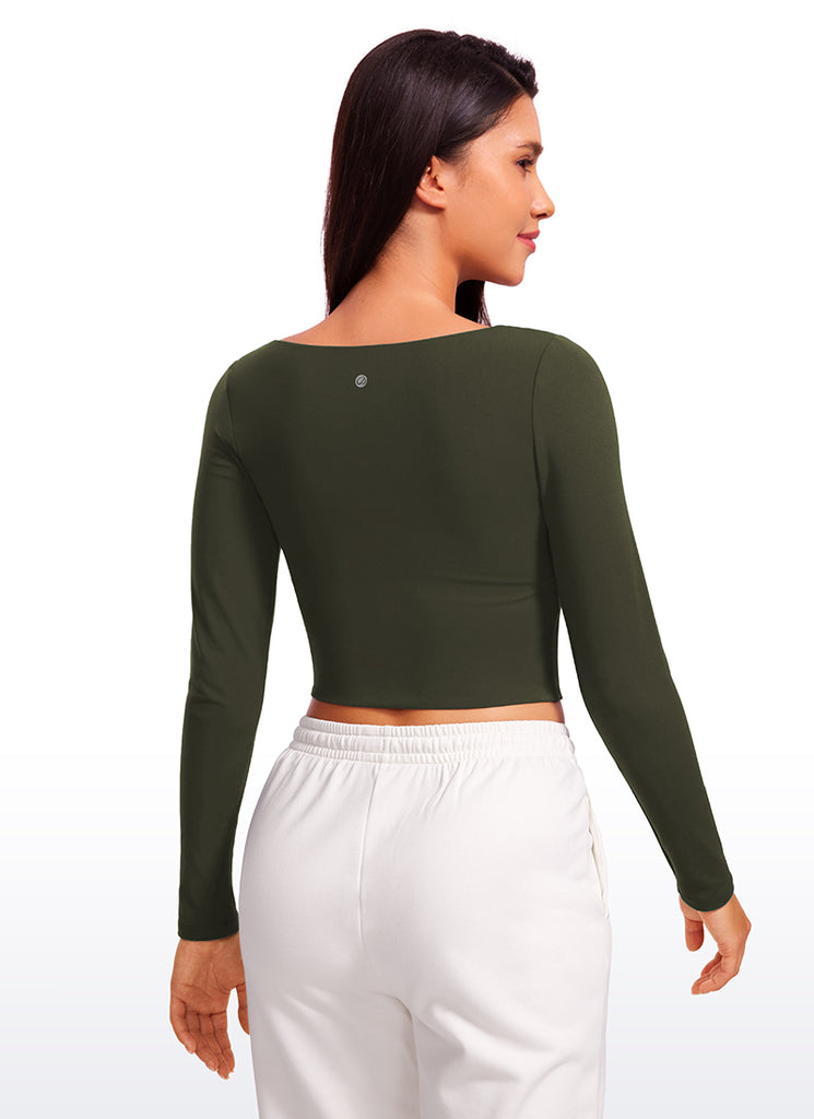CRZ YOGA Women's Tight Fit Butterluxe Yoga Crop Long Sleeves Square Neck True Navy