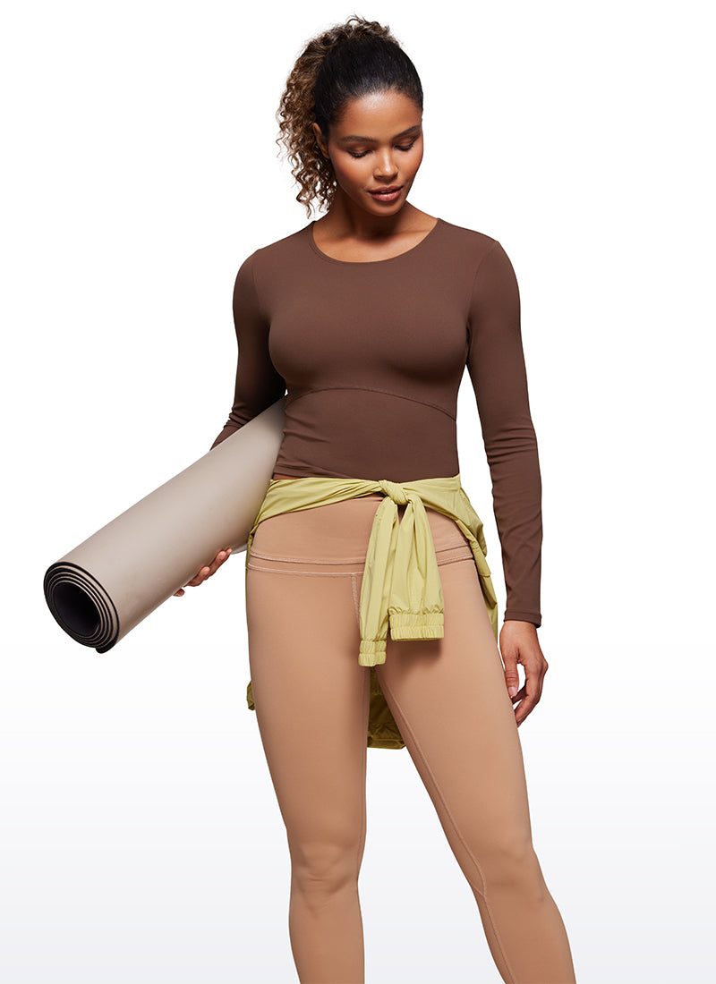 CRZ YOGA Women's Slim Fit Yoga Butterluxe Crop Long Sleeves Front Seam Coffee Brown @model_info:Irina