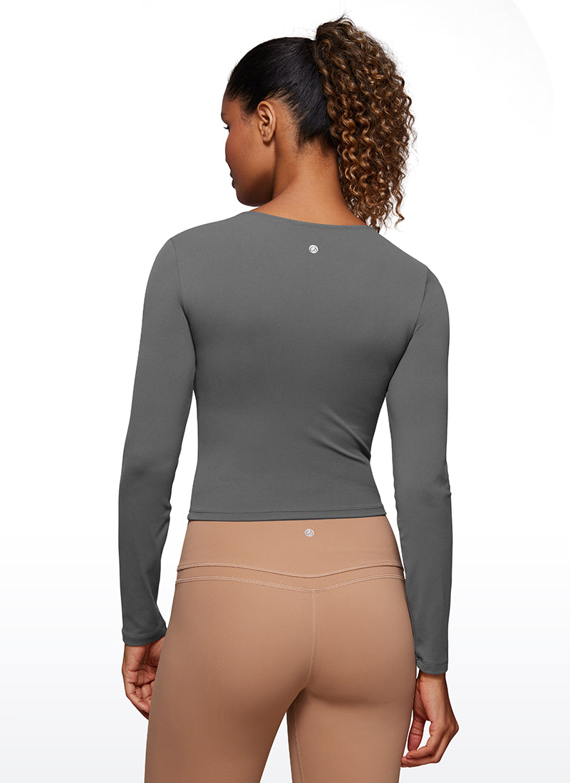 CRZ YOGA Women's Slim Fit Yoga Butterluxe Crop Long Sleeves Front Seam Lava Smoke Grey @model_info:gigi