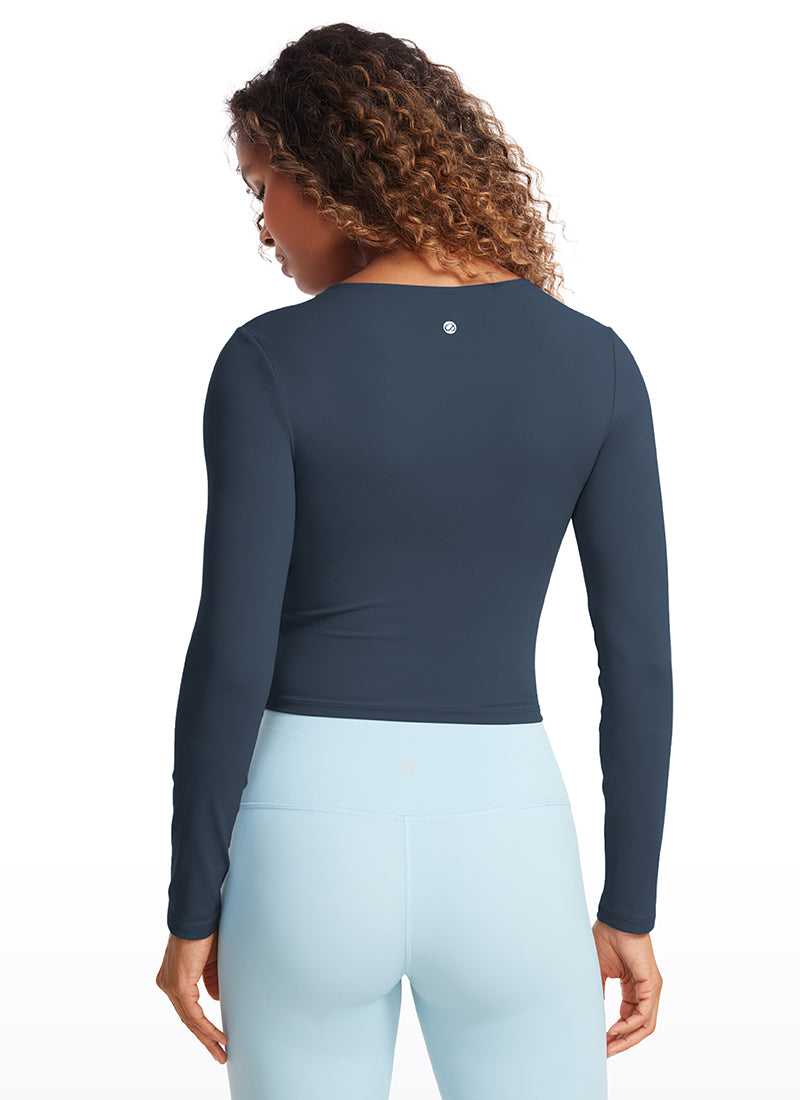 CRZ YOGA Women's Slim Fit Yoga Butterluxe Crop Long Sleeves Front Seam Stelindigo @model_info:gigi