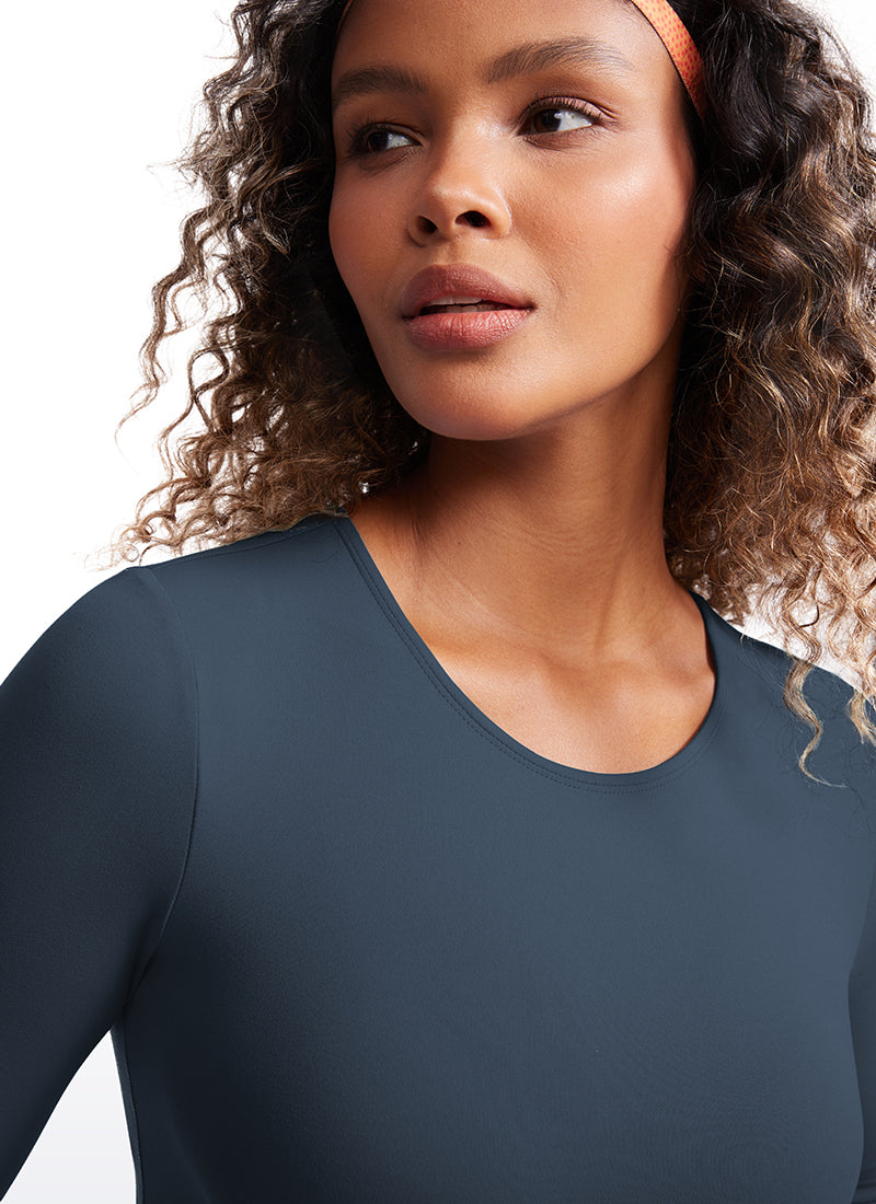 CRZ YOGA Women's Slim Fit Yoga Butterluxe Crop Long Sleeves Front Seam Stelindigo @model_info:gigi