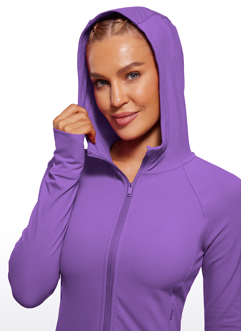 CRZ YOGA Women's Butterluxe Outerwear Full Zip Hoodies Jackets Royal Lilac @model_info:Natali