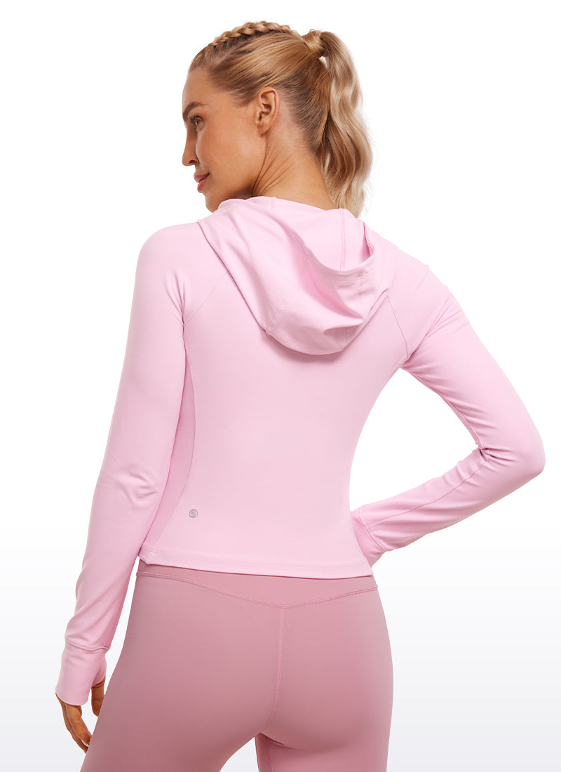 CRZ YOGA Women's Butterluxe Outerwear Full Zip Hoodies Jackets Pink Peony @model_info:Natali