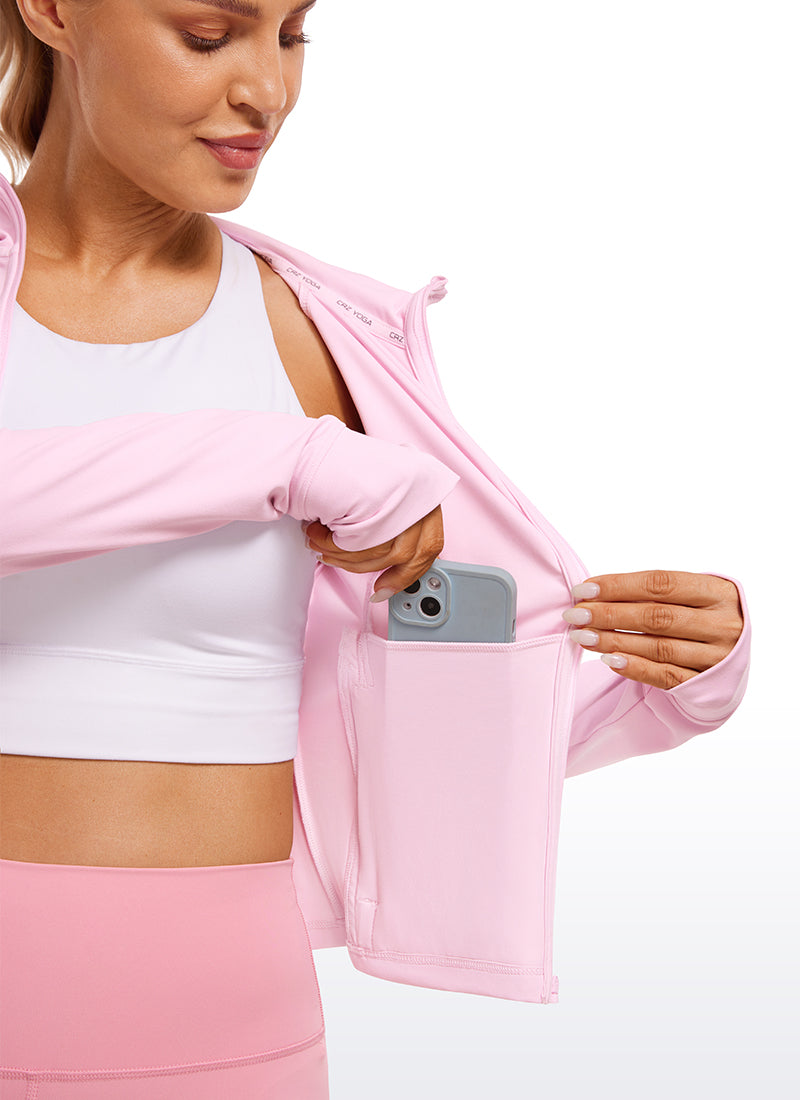 CRZ YOGA Women's Butterluxe Outerwear Full Zip Hoodies Jackets Pink Peony @model_info:Natali