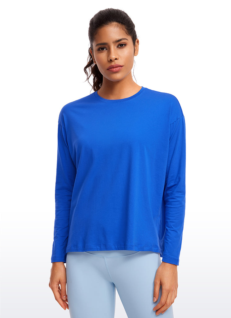 CRZ YOGA Women's Casual Loose Fit Pima Cotton Long Sleeves Crew Neck White